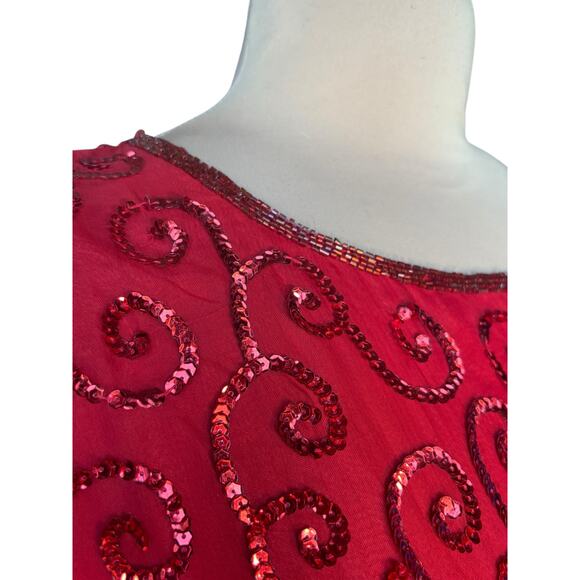 Vintage Joseph LeBon Red Silk Sequin Swirl Beaded Blouse Plus Size 26W Evening - Picture 7 of 10